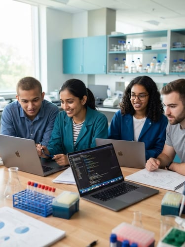 Bright professional photography of students collaborating over laptops in a clean Guntur lab environment, soft daylight, sharp focus
