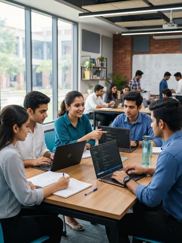 Bright professional classroom environment in Guntur, students collaborating over laptops under clean daylight, sharp focus.
