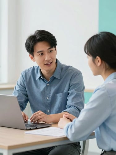 Professional 1:1 career counseling session, instructor guiding a student with a laptop, bright clean office lighting, teal accents.