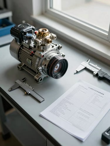 Overhead shot of a compressor parts service bench with a valve assembly, calipers, and a printed specification sheet laid flat, clean diffused north-facing window light, organized and precise