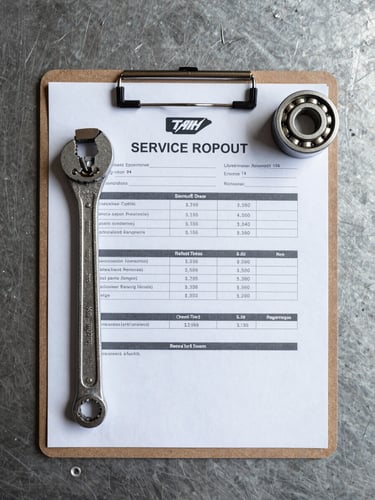 Overhead flat-lay of a completed service report clipboard beside a torque wrench and a sealed replacement bearing on a clean steel work surface, even north-facing daylight, sharp document detail visible