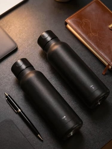 Overhead flat-lay of premium matte-black insulated bottles, a leather-bound diary with subtle gold embossing, and a sleek executive pen on a dark obsidian desk, warm cinematic side lighting.