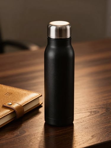 Macro shot of a matte black insulated bottle and a gold-embossed leather diary on a dark walnut desk, warm cinematic side-lighting, shallow depth of field