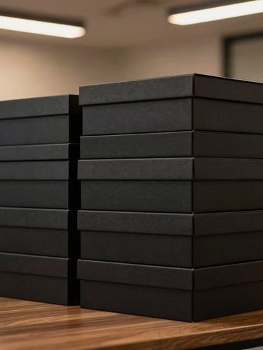 Side view of luxury matte-black gift boxes stacked perfectly in a modern warehouse setting, warm lighting