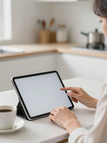 A person working peacefully on a tablet in a bright, sunlit kitchen, a cup of coffee nearby, soft focus background.