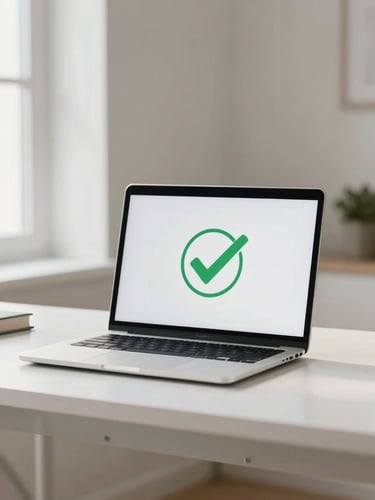 A bright modern home office during the day, a clean laptop screen showing a green security checkmark, soft natural lighting.
