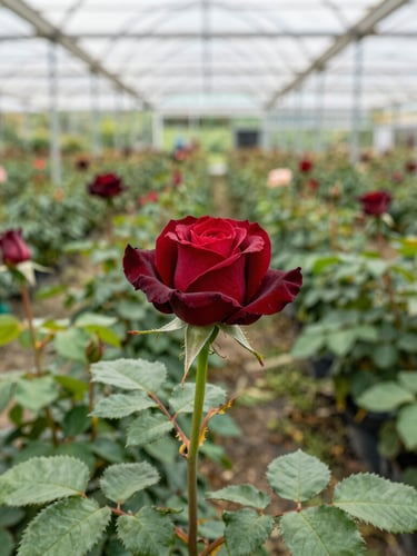 Vibrant rose nursery rows under a high-tech greenhouse structure, bright diffused Florida daylight, rich green foliage, crisp macro detail