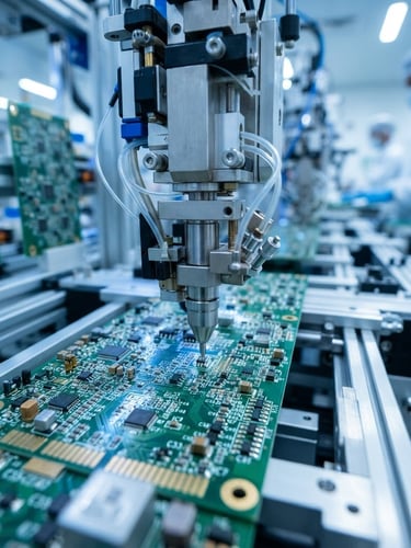 Macro close-up of high-tech automated pick-and-place assembly line in a bright Bangalore clean-room, cool blue and white studio lighting, sharp depth of field.