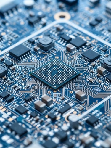 Crisp macro photography of a multi-layer printed circuit board with clean solder joints, bright clean-room studio lighting, cool blue tones.