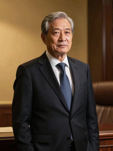 Sharp professional portrait of a senior legal partner in a tailored dark suit, dramatic side-lighting, warm gold tones, sophisticated law office background with leather and dark wood