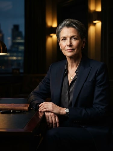 Sharp professional portrait of a senior legal specialist in tailored dark attire, low-key dramatic side-lighting with warm interior highlights contrasting against cool deep shadows, editorial style