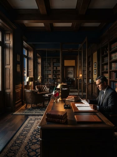 Wide environmental shot of a premium, dark-wood law office interior in León, Guanajuato, dramatic side-lighting casting warm gold highlights, deep navy shadows, sharp focus, editorial style.