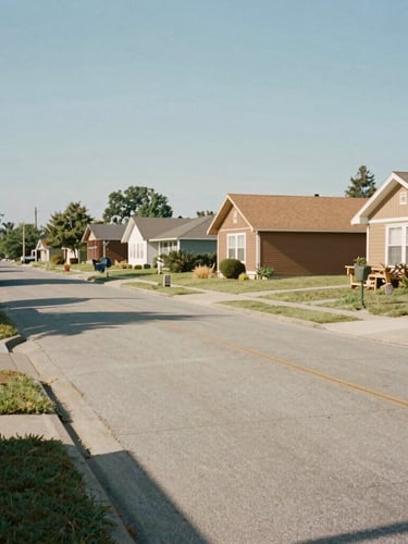Authentic eye-level view of a modest suburban street in soft daylight, natural shadows, realistic neighborhood textures, 35mm lens.