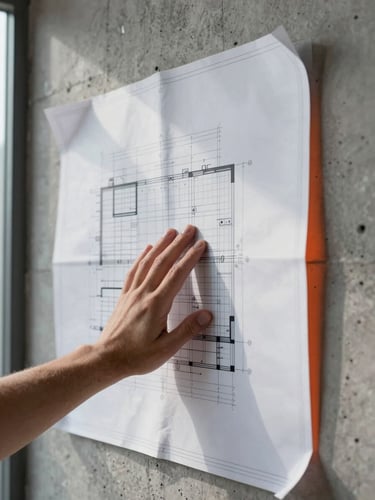 Close-up portrait frame, a hand pressing a crisp architectural blueprint flat against a raw concrete wall mid-construction, cool north-facing window light raking across the paper surface revealing printed grid lines and structural annotations, a thin deep-orange glow catching the concrete edge at the right margin, no people visible except the hand — material meeting material