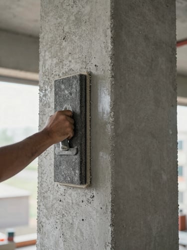 Close-up wide shot inside a premium construction site: a concrete column being hand-finished with a steel float — the plasterer's forearm and tool fill the left quarter, the column surface transitions from raw aggregate to polished grey moving right, cool daylight from an unseen window above, a faint orange work-lamp glow at the far edge of the frame, sharp material detail at every texture boundary