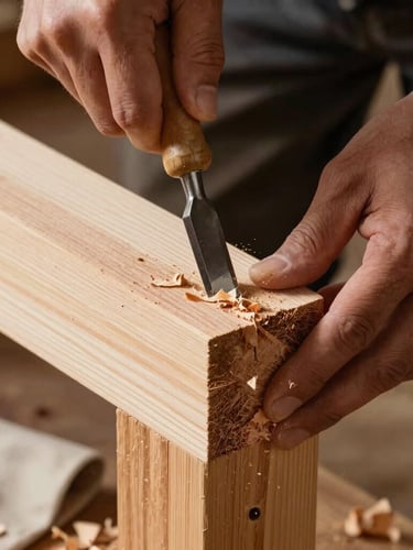 Overcast Oregon daylight, close-up of a carpenter's hands using a chisel to clean a mortise joint in a thick cedar post, wood shavings visible on a canvas drop cloth.