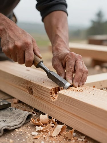 A close-up of a carpenter's hands using a heavy steel chisel to clean out a mortise in a thick Douglas fir timber, natural overcast Oregon daylight, wood shavings on a canvas drop cloth.