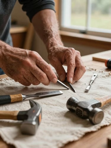 Close-up of a carpenter's hands neatly arranging chisels and a framing hammer on a heavy canvas drop cloth inside an Oregon home, soft overcast daylight from a nearby window, high detail wood grain.