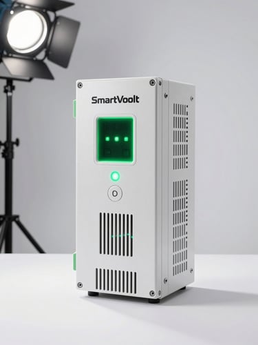 Studio front-facing shot of a SmartVoolt automatic voltage stabilizer unit, white housing with green accent status lights glowing, placed against a clean white backdrop, bright directional strobe lighting from upper left, tight product framing with the unit filling the frame