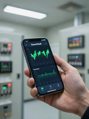 Close-up of a smartphone screen showing SmartVoolt app voltage monitoring graphs with green stabilization lines, held in a hand inside an industrial electrical panel room, bright overhead fluorescent lighting, clinical and sharp