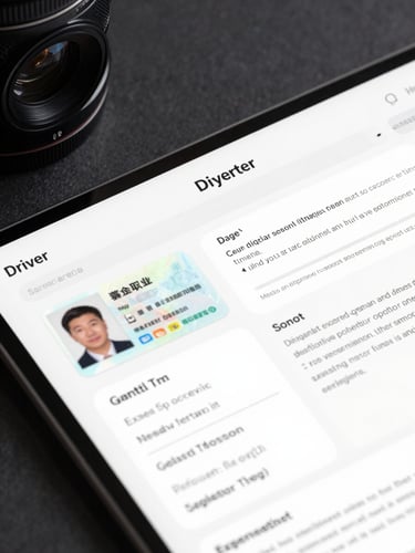 A high-fidelity UI mockup of a document parsing interface, showing a driver license and declaration page with digital bounding boxes highlighting extracted text fields under crisp cool studio light.