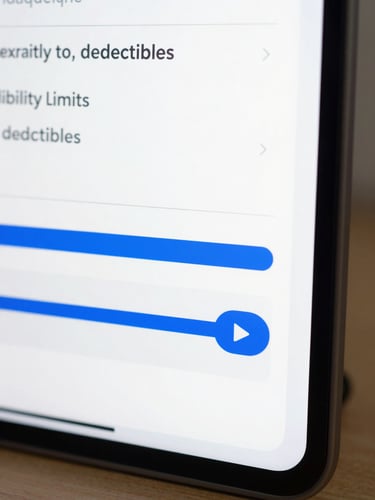 Clean digital UI mockup showing a document upload dropzone with a progress bar, highlighting extracted fields like liability limits and deductibles in crisp blue and white interface elements.