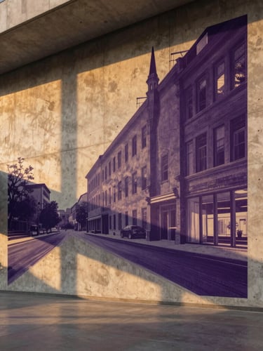 Wide architectural shot of a high-end office lobby with a large-scale artistic mural printed directly onto a concrete wall, warm golden-hour side lighting highlighting the texture of the concrete and the ink, deep violet shadows