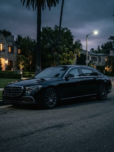 Moody cinematic photography of a sleek black armored luxury sedan parked on a quiet Beverly Hills street at twilight, sharp rim lighting highlighting vehicle contours, 35mm