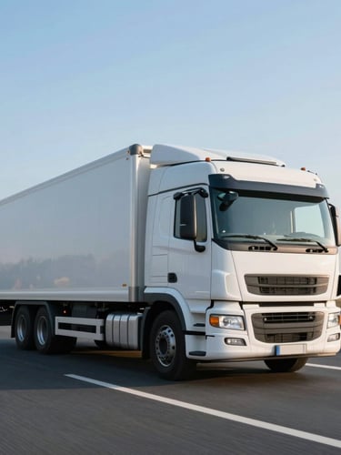 Crisp commercial photography, wide-angle lens, a modern clean white transport truck driving on an Italian highway at sunrise, metallic blue tones, sharp focus