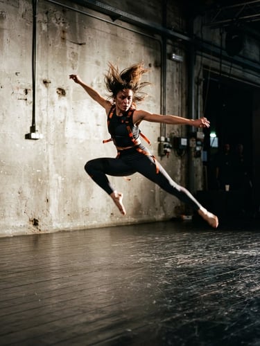 Low-angle dynamic shot of a performer in motion on a dark wooden floor, dramatic side-lighting, raw concrete wall background, 35mm film style