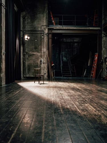 Industrial theater rehearsal room in Rome, empty wooden floor with dramatic side-lighting, raw concrete walls, high-contrast chiaroscuro, 35mm film style