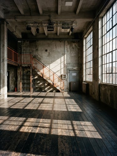 Industrial interior photography of OFFBEAT space in Rome, raw concrete walls, dramatic side-lighting from high windows, empty wooden floor with sharp shadows, 35mm film.