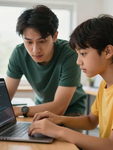 A medium close-up of a software engineer guiding a young student coding on a laptop, warm screen glow, natural workshop light, 35mm lens.