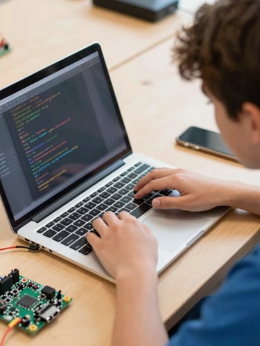 Overhead shot of a K-12 student coding on a laptop next to a physical microcontroller board with wires, warm ambient screen glow, shallow depth of field