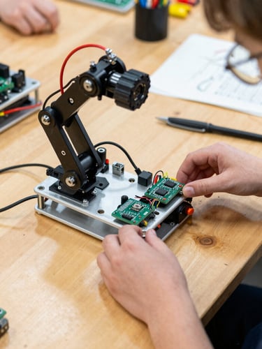 Overhead shot of physical robotic hardware, microcontrollers, and wiring on a wooden workshop table in Augusta, hands of students adjusting a chassis, natural daylight.