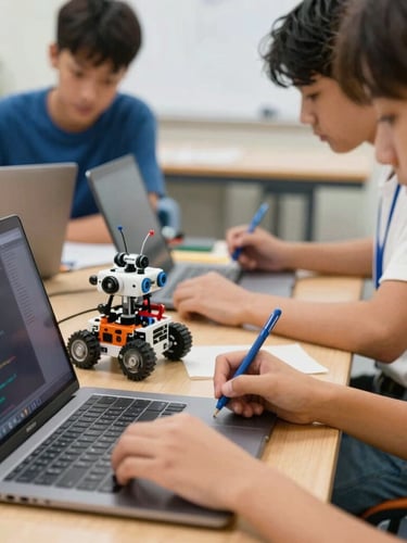 Dynamic medium close-up of K-12 students writing code on laptops and building physical autonomous robots, warm screen glow, 35mm lens.
