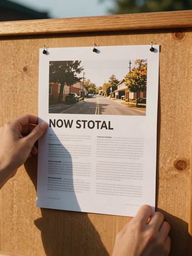 Hands pinning a beautifully designed physical flyer onto a wooden neighborhood bulletin board, warm golden-hour sunlight casting soft shadows, 35mm film look