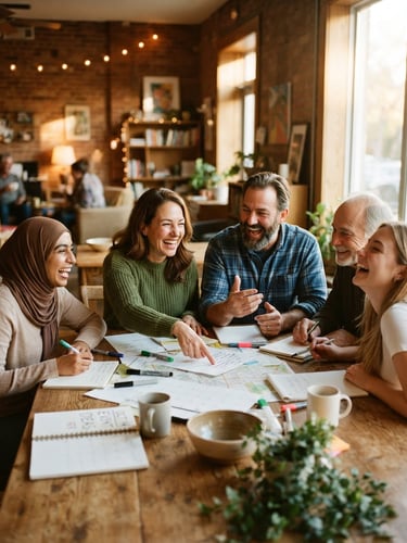 Warm editorial photography of a group of neighbors laughing and planning an event around a rustic wooden table in a cozy community space, golden-hour natural light, rich organic tones, shallow depth of field, 35mm film look.