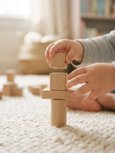 Warm editorial photography, soft natural morning light, close-up of a toddler's small hands carefully stacking minimalist wooden blocks on a cream rug, shallow depth of field, 35mm