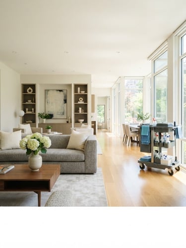 Wide shot of a modern, immaculately clean living room with bright natural daylight, crisp focus on polished surfaces, a subtle branded cleaning cart visible to the right, high-end editorial style.
