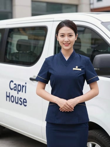 A professional Capri Housekeeping team member in a crisp, clean navy uniform, smiling confidently, standing next to a white branded company vehicle in a bright urban setting, natural daylight, medium shot, high-end editorial style.