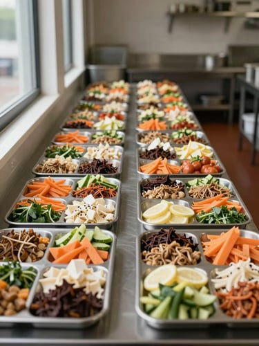 Wide environmental shot of an organized catering kitchen prep area, trays of portioned ingredients lined in precise rows on a long stainless counter, soft north-facing daylight from high windows on the left, no people visible, calm and methodical atmosphere