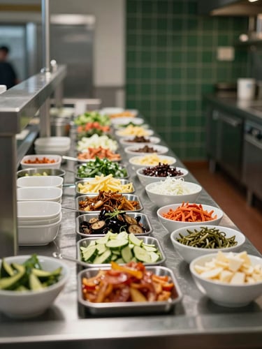 Wide-angle view from behind a professional kitchen prep line, organized mise en place trays and garnish bowls lined across a stainless steel counter, soft north-facing daylight falling from left, shallow depth of field, dark green tiled wall visible in the background right third