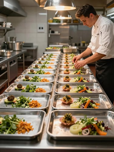 Wide environmental shot of a professional catering kitchen in full organized preparation — stainless steel surfaces, large service trays lined up in rows, chef's hands adjusting a garnish tray under warm tungsten overhead light, no clutter, sense of controlled scale