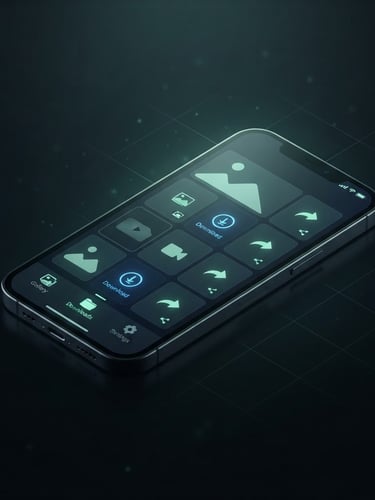 Isometric dark mode smartphone mockup showing Status Saver interface with a subtle mint-green glow, electric blue accents, clean minimalist tech aesthetic. Expansive dark background.