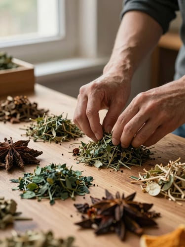 Close-up of hands arranging dried herbs and spices on a wooden market table, north-facing window light casting soft shadows, earthy ochre and deep green tones, shallow depth of field, no faces visible