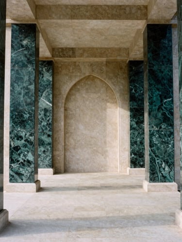 Symmetrical architectural perspective of a modern stone pavilion, deep emerald marble columns, soft natural light, sharp shadows, 35mm