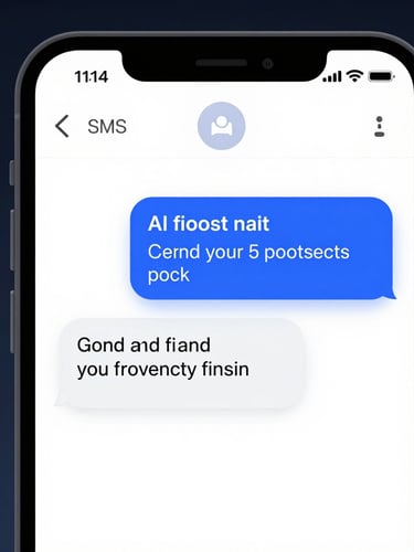 A clean, simplified interface mockup showing an active SMS conversation on a mobile screen. An AI assistant politely qualifies a prospect and sends a calendar link, cool blue ambient glow, sharp shadows.