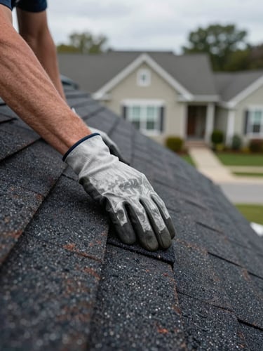 Close-up of a roofer's gloved hands pressing a dark asphalt shingle into place on a residential roof, another row of shingles visible below, natural overcast daylight, South Shore suburban roofline in soft focus behind