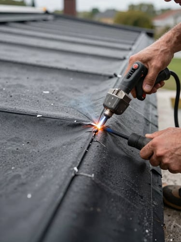 Close-up detail of TPO flat roof membrane seam being heat-welded by a roofer's tool on a residential Rive-Sud property, hands visible, natural daylight, seam texture sharp and clear
